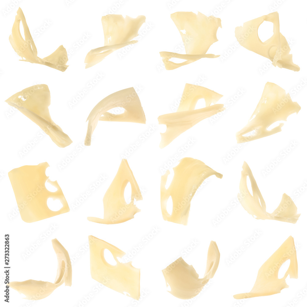 Obraz premium Set of flying delicious cheese on white background