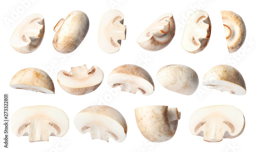 Set of flying cut fresh mushrooms on white background