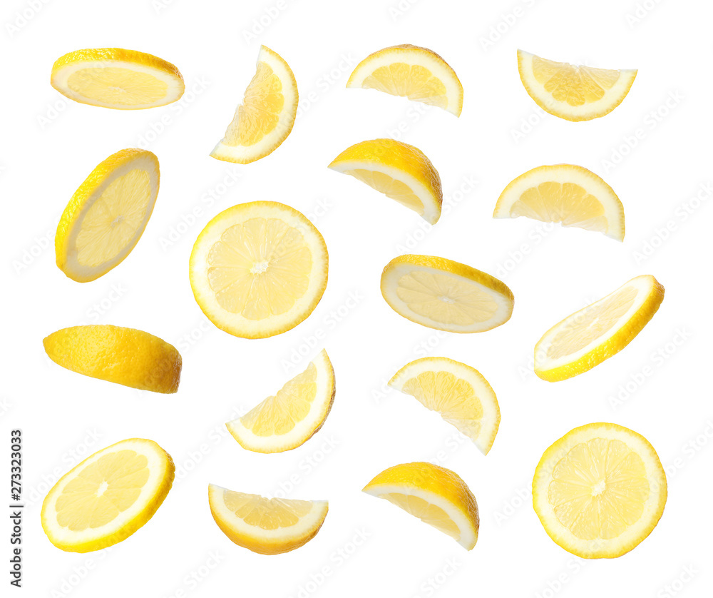 Set of flying cut fresh juicy lemon on white background - obrazy, fototapety, plakaty 