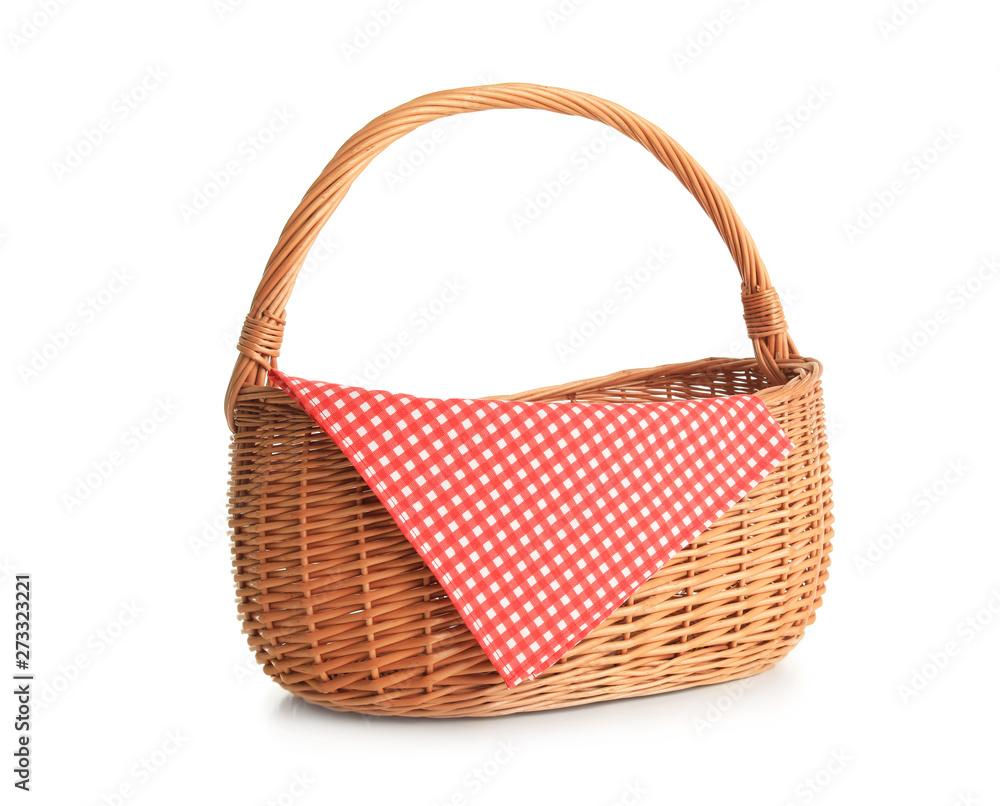 Empty picnic basket with checkered cloth isolated on white Empty picnic basket with checkered cloth isolated on white