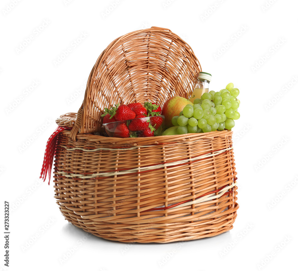 Picnic basket with fruits and lemonade isolated on white Picnic basket with fruits and lemonade isolated on white