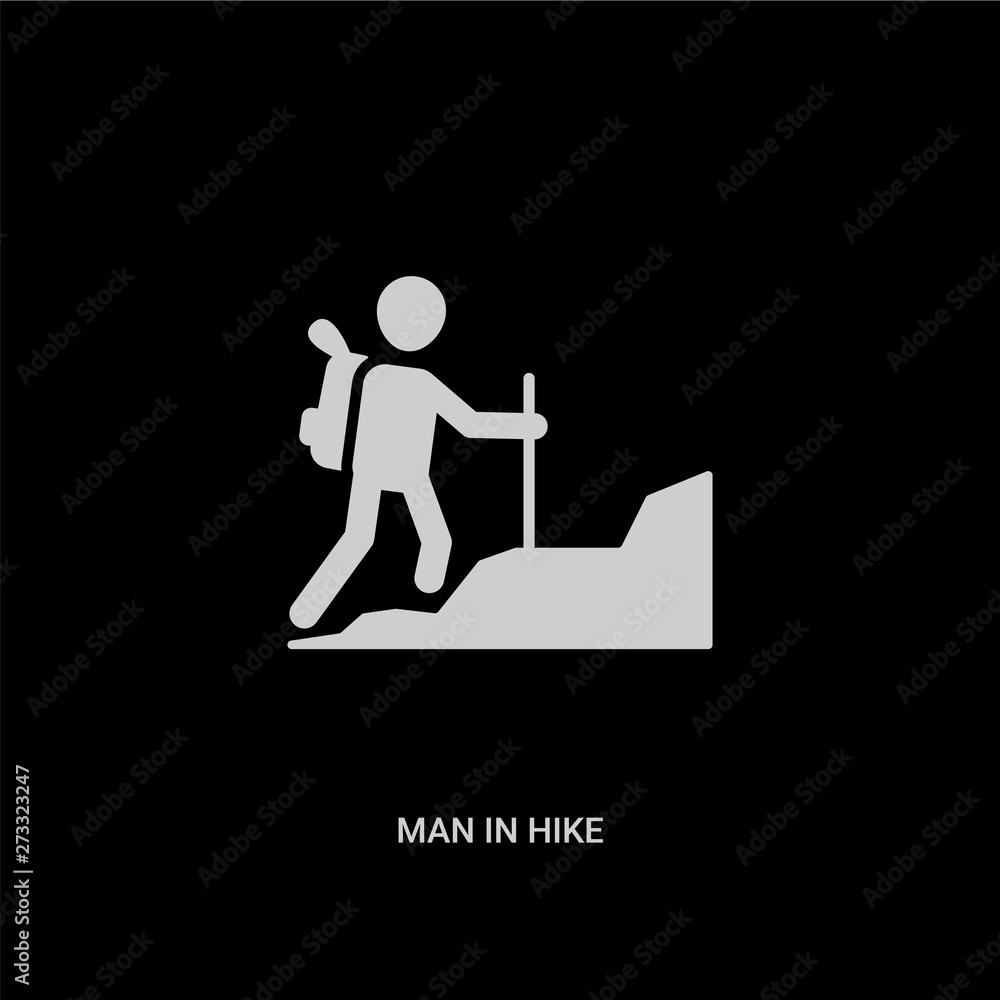white man in hike vector icon on black background. modern flat man in hike from humans concept vector sign symbol can be use for web, mobile and logo.
