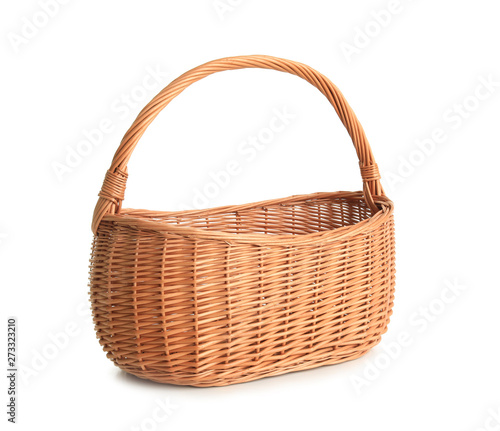 Empty wicker picnic basket isolated on white