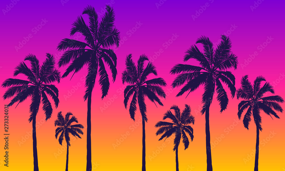 Summer yellow violet background with palm trees at sunset, vector art illustration.