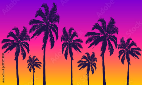 Summer yellow violet background with palm trees at sunset  vector art illustration.