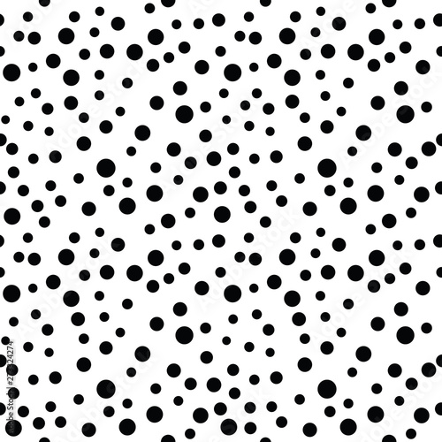Seamless polka dot pattern. Geometric black and white vector background. Spot of different sizes placed randomly. Useful for fabric print, interior decorating, home textiles, wrapping paper, apparel