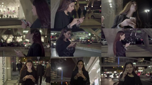 Collage of medium shots of beautiful young woman standing and walking outside at night, talking and texting on phone. Lifestyle, communication concept