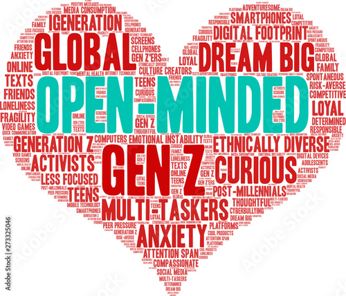 Open-Minded Gen Z Word Cloud on a white background. 