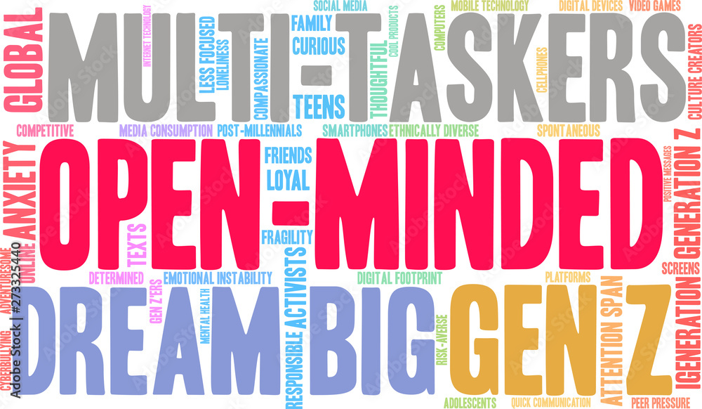 Open-Minded Generation-Z Word Cloud on a white background. Open-Minded Generation-Z Word Cloud on a white background.