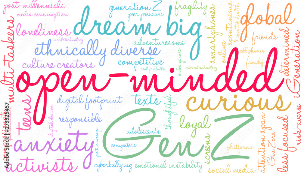 Open-Minded Gen Z Word Cloud on a white background. 