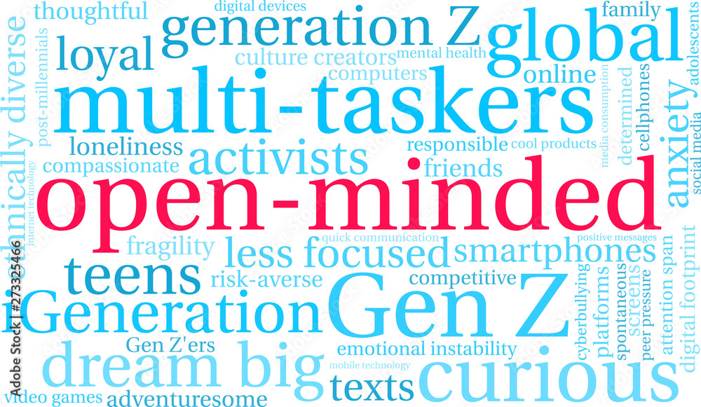 Open-Minded Gen Z Word Cloud on a white background. Open-Minded Gen Z Word Cloud on a white background.