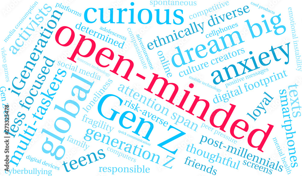Open-Minded Generation Z Word Cloud on a white background. 