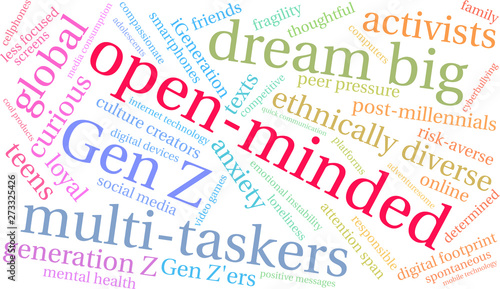Open-Minded Generation Z Word Cloud on a white background. 