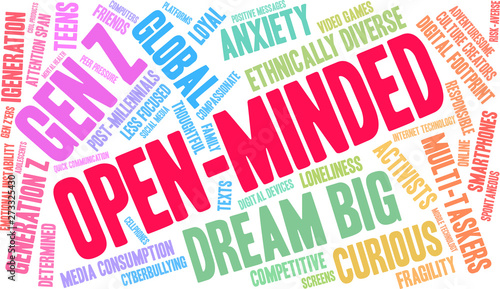 Open-Minded Gen Z Word Cloud on a white background. 