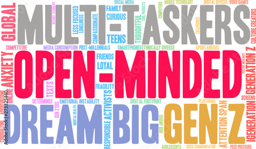 Open-Minded Generation-Z Word Cloud on a white background. 