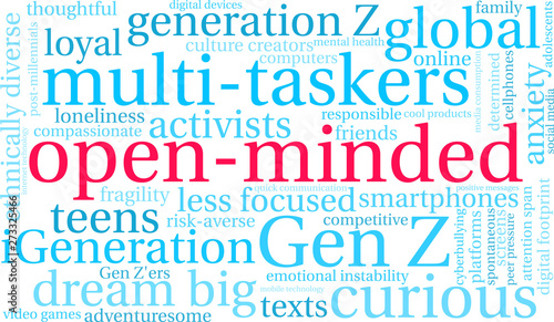 Open-Minded Gen Z Word Cloud on a white background. 