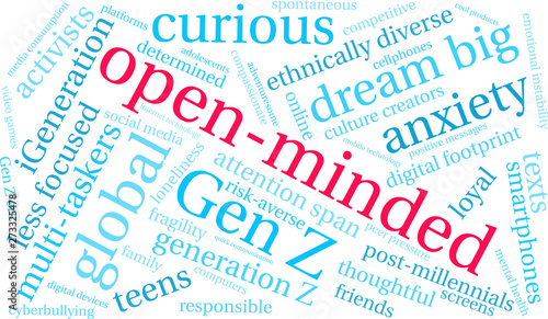 Open-Minded Generation Z Word Cloud on a white background. 
