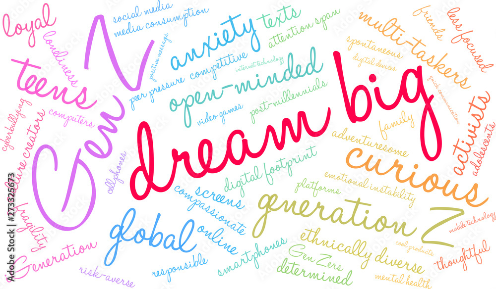 Dream Big Generation Z Word Cloud on a white background.  