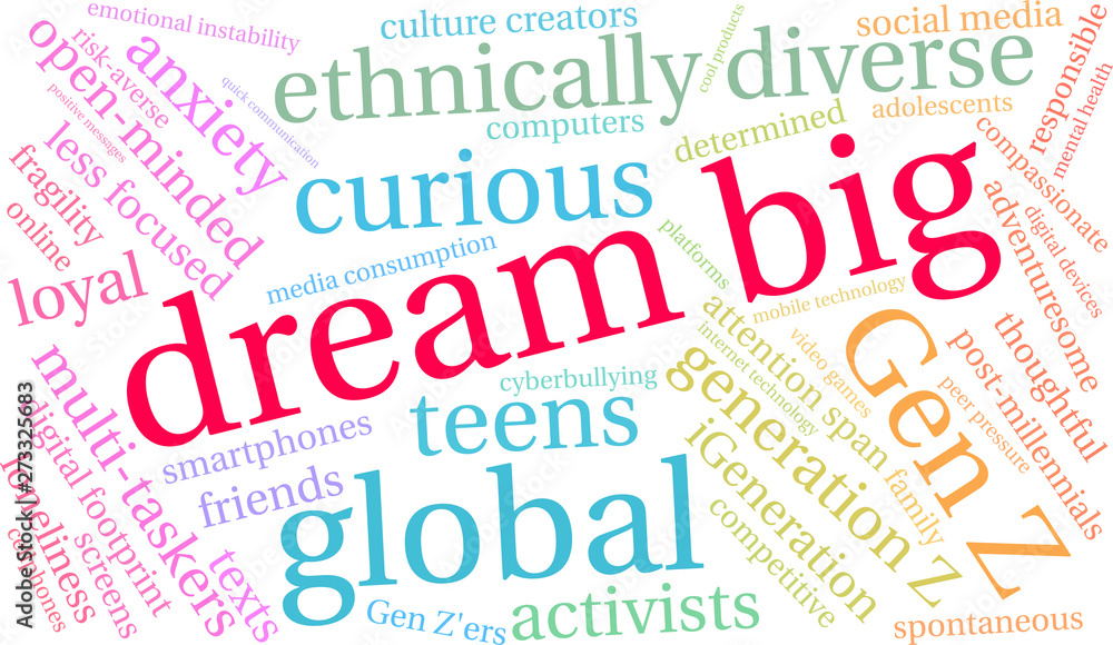 Dream Big Generation Z Word Cloud on a white background. Dream Big Generation Z Word Cloud on a white background.
