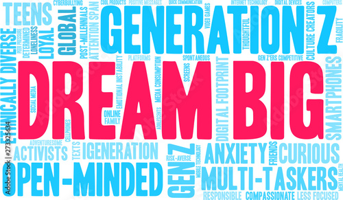 Dream Big Gen Z Word Cloud on a white background. 