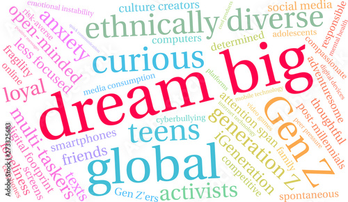 Dream Big Generation Z Word Cloud on a white background. 