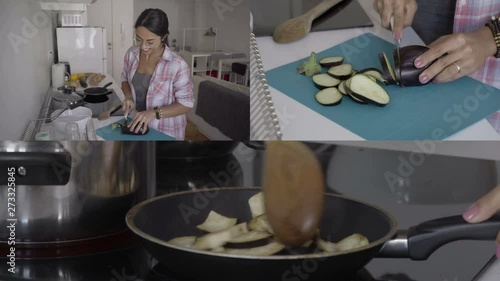 Collage of medium and close up shots of pretty Caucasian woman in spectacles and roe striped homewear cooking at kitchen, cutting and frying eggplants. Cooking concept  photo