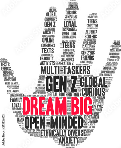 Dream Big Gen Z Word Cloud on a white background. 