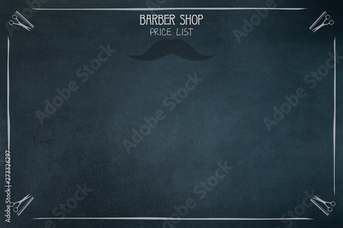 MockUp Price List Barber Shop. Mustache and hairdresser scissors and comb icons. Copy space. Place for text. Dark background.
