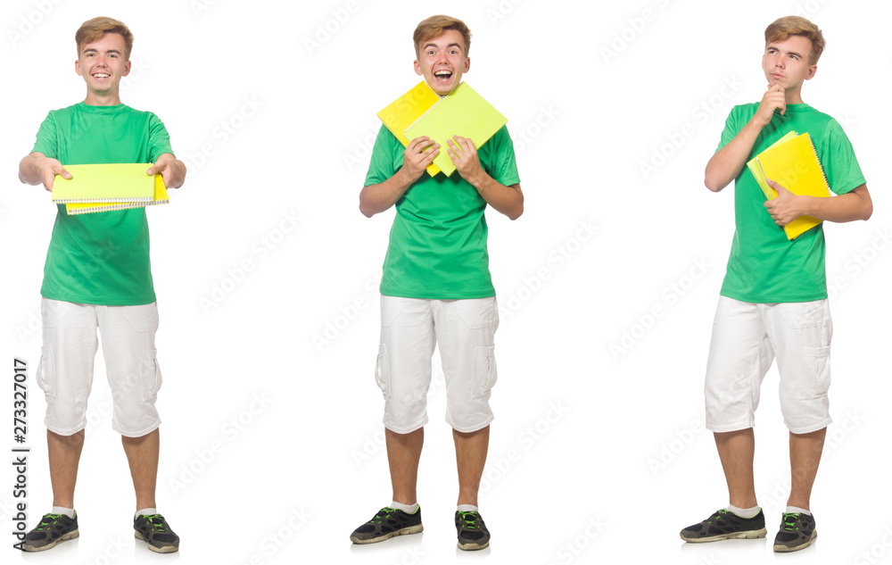 Young student with notes isolated on white Young student with notes isolated on white