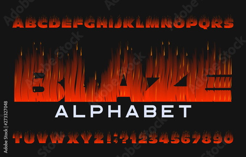 Blaze alphabet font. Flame effect type letters and numbers on dark background. Stock vector typeface for your design.