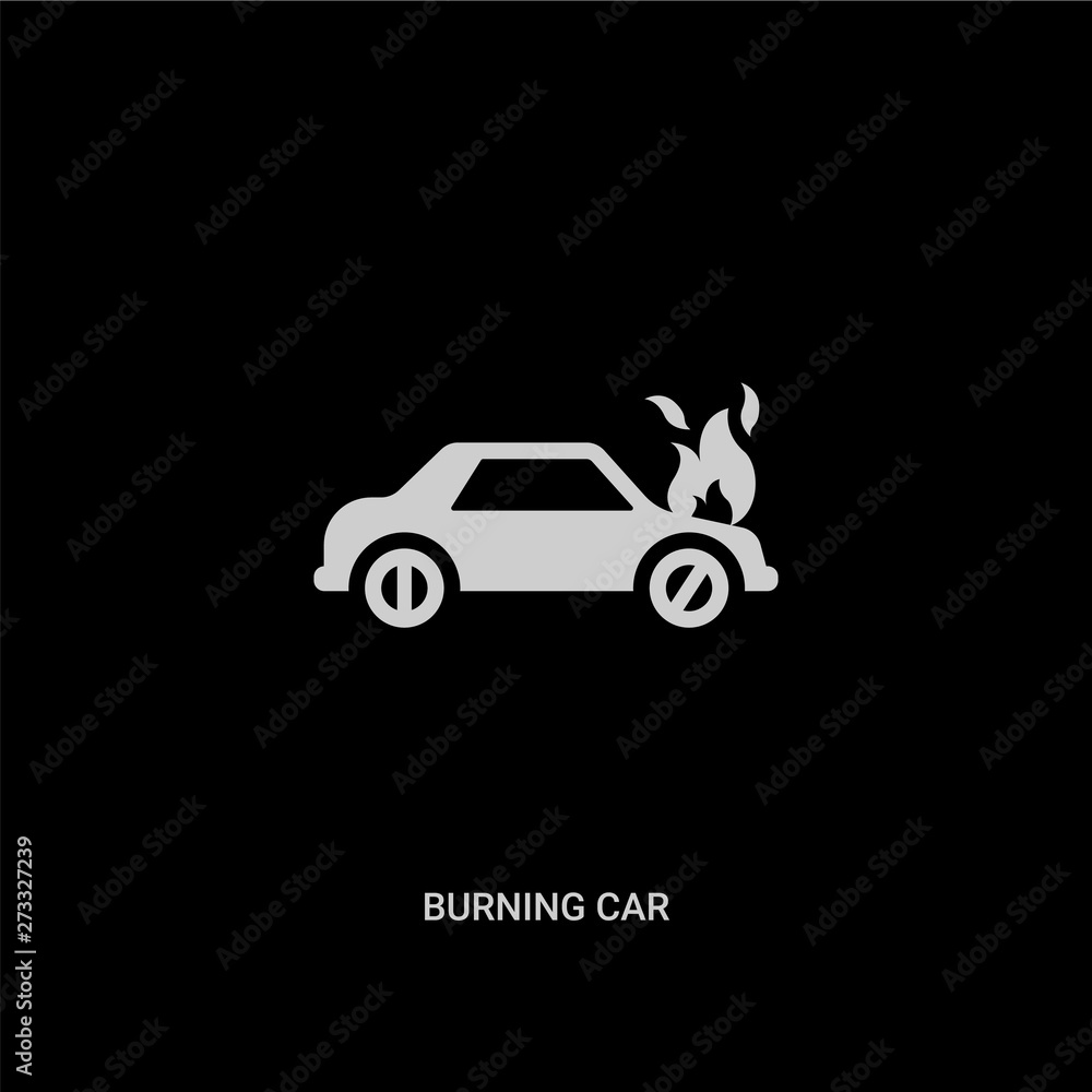 white burning car vector icon on black background. modern flat burning car from insurance concept vector sign symbol can be use for web, mobile and logo.