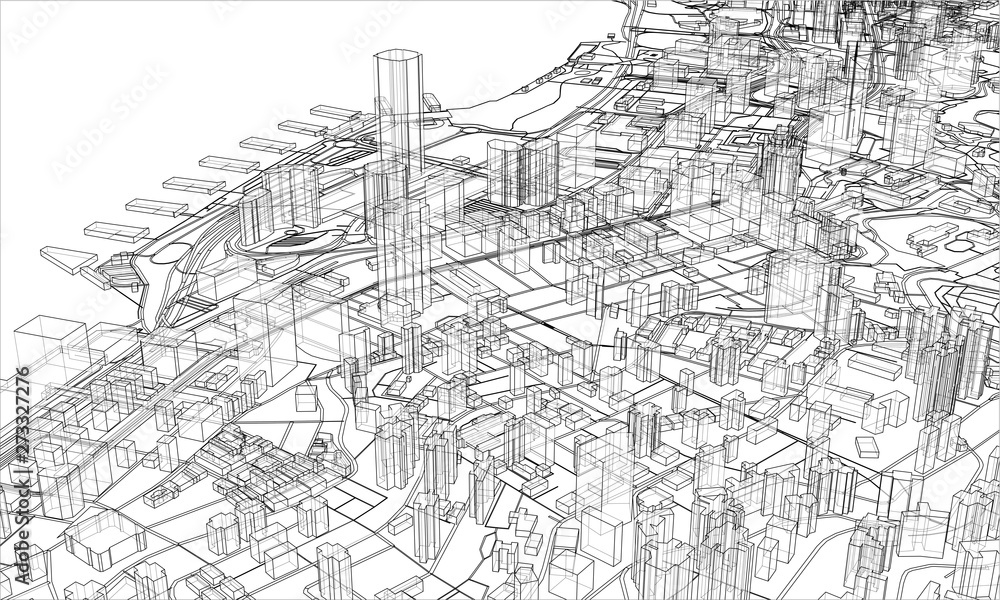 Outline city concept. Wire-frame style