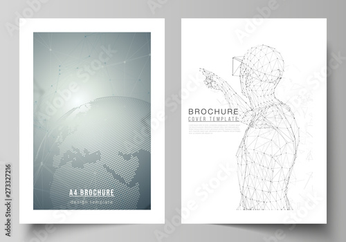 Vector layout of A4 format modern cover mockups design templates for brochure, magazine, flyer, booklet, annual report. Technology, science, future concept abstract futuristic backgrounds.