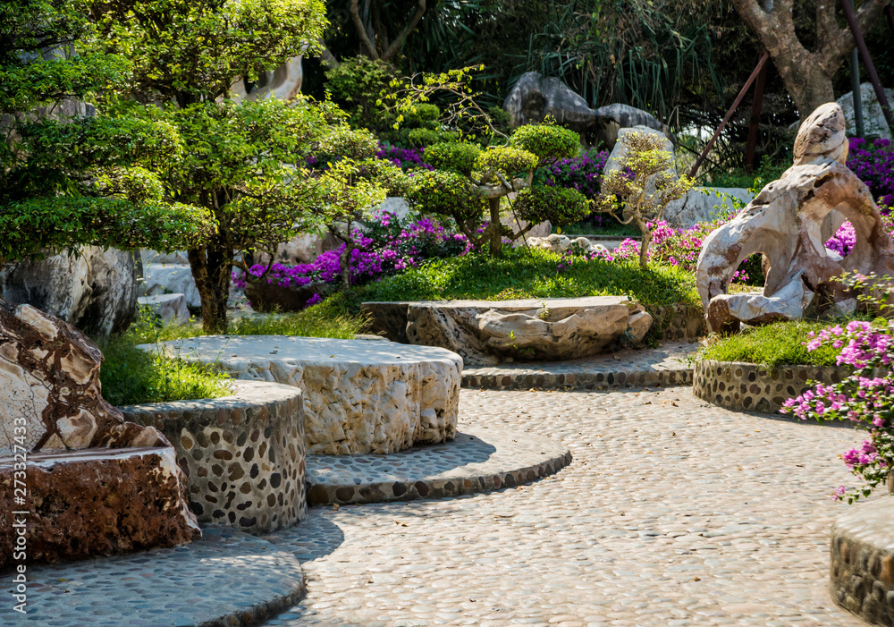 Luxury landscape design of the tropical garden. Beautiful view of tropical landscape Luxury landscape design of the tropical garden. Beautiful view of tropical landscape