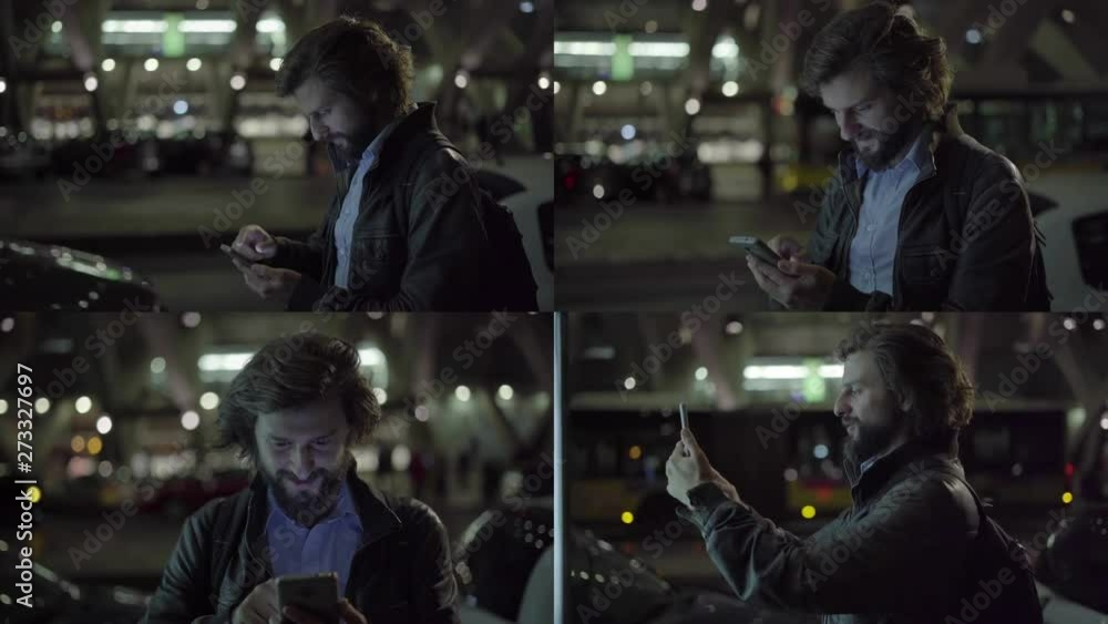 Collage of front and side views of handsome young Caucasian man with beard in leather jacket standing outside, typing on phone, smiling. Work, communication concept Collage of front and side views of handsome young Caucasian man with beard in leather jacket standing outside, typing on phone, smiling. Work, communication concept