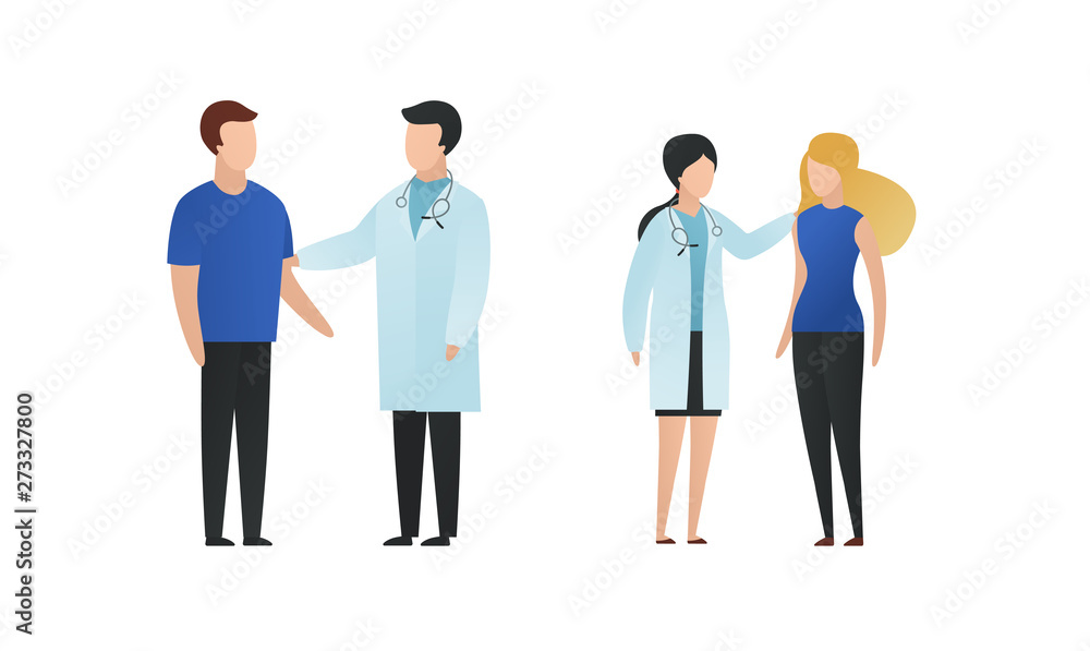 Trendy flat doctor and patient character vector cartoon illustration. Male and female medic saying news, comforts people isolated on white background. Coat uniform, blue cloth, stethoscope.