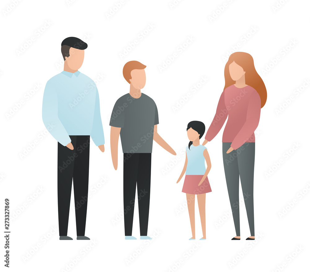 Trendy flat family character vector cartoon illustration. Set of mother, father, brother and sister isolated on white background. Concept of big family, love, relationship. Design elements.