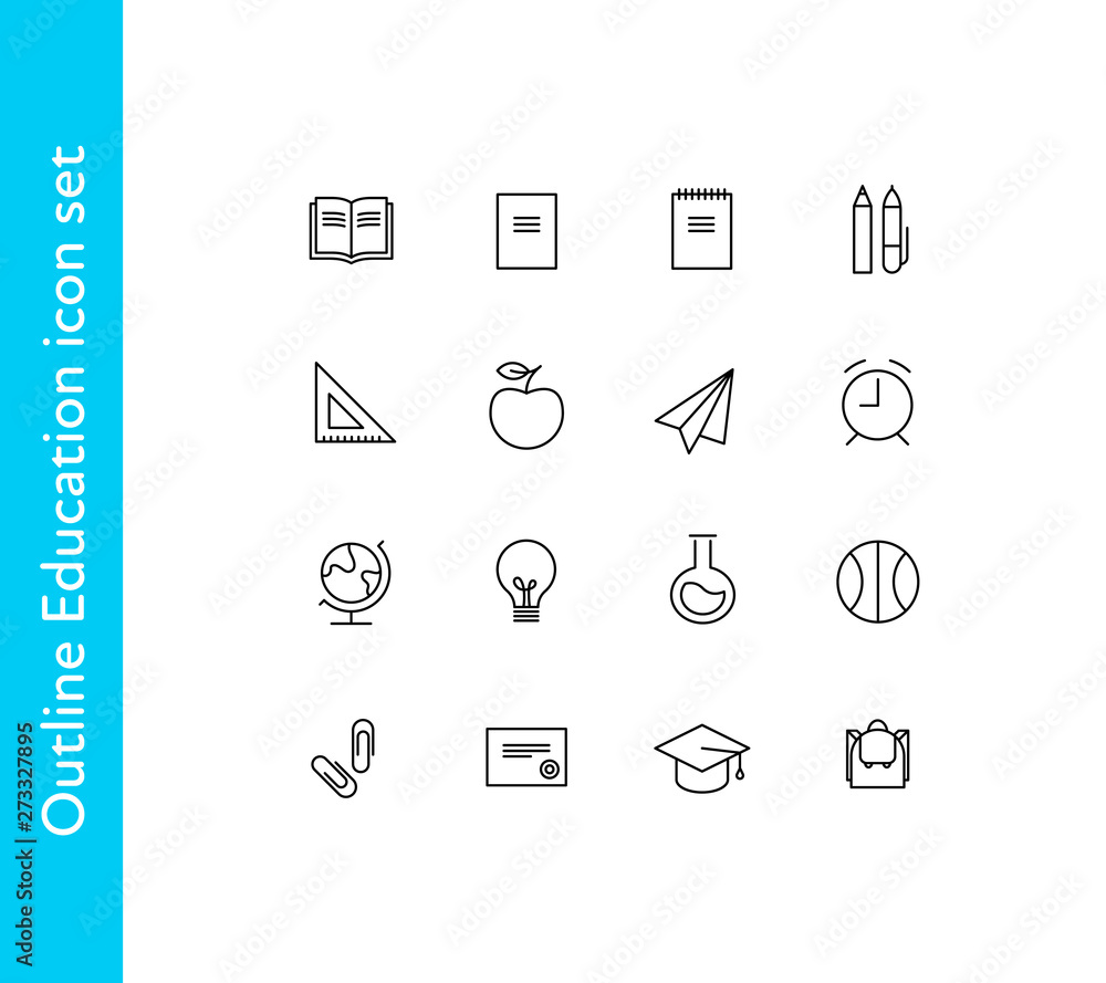 Set of vector school theme icons. Education collection of pictogram of equipment, supplies, subject, activities isolated on white background. Design elements for presentation, web, courses, invitation Set of vector school theme icons. Education collection of pictogram of equipment, supplies, subject, activities isolated on white background. Design elements for presentation, web, courses, invitation