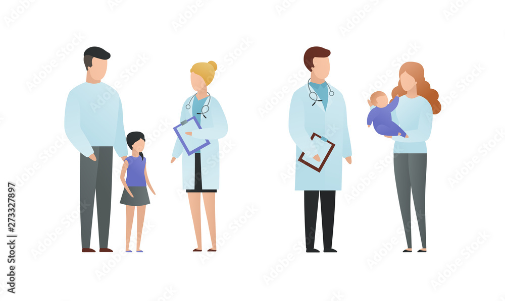 Trendy flat doctor and patient character vector cartoon illustration. Male and female pediatrician talking with parents and childs isolated on white. On picture coat uniform, girl, baby on hands. Trendy flat doctor and patient character vector cartoon illustration. Male and female pediatrician talking with parents and childs isolated on white. On picture coat uniform, girl, baby on hands.