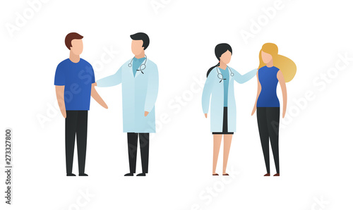 Trendy flat doctor and patient character vector cartoon illustration. Male and female medic saying news, comforts people isolated on white background. Coat uniform, blue cloth, stethoscope.