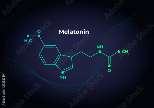 Vector hormones blend banner template. Melatonin structure on in modern gradient 3d background. Hormone assosiated with sleep disorder. Scientific modern concept. Design for education, presentation.