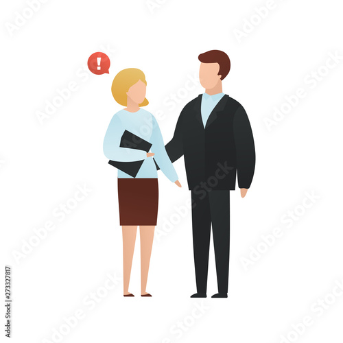 Trendy flat harrasment character vector cartoon illustration. Sexual harrasment concept. Man touches a woman by hand isolated on white background. Red warning talk bubble sign