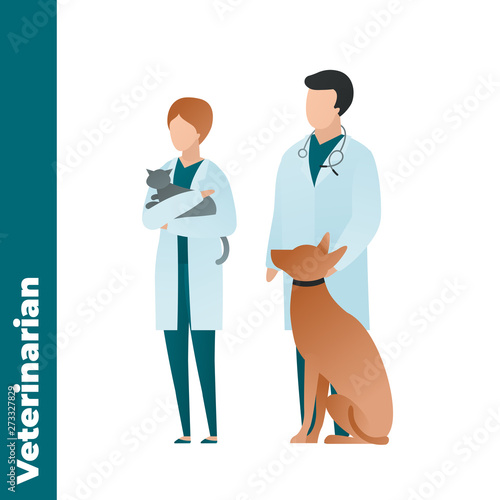 Trendy flat medical character vector cartoon illustration. Set of male and female veterinarian doctor team isolated on white background. Coat uniform, stethoscope, sitting dog and cat. Vet clinic.