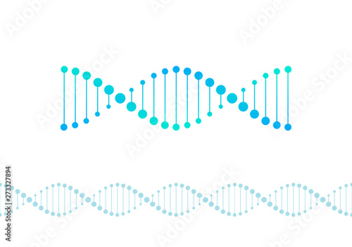 Vector science design elements. Flat blue gradient DNA spiral symbol and horizontal border seamless pattern isolated on white background. Design for scientific banner, poster, logo, infographic, web photo