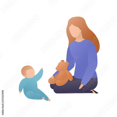 Trendy flat family character vector cartoon illustration. Set of young adult playing with her child isolated on white background. Concept of love, relationship and guardianship. Design elements.