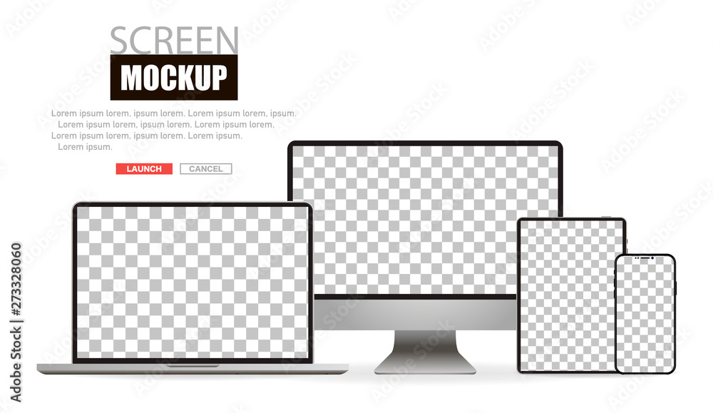 Mockup realistic device. Set of laptop, tablet, computer and phone. Vector - obrazy, fototapety, plakaty 