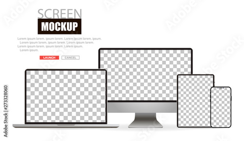 Mockup realistic device. Set of laptop, tablet, computer and phone. Vector