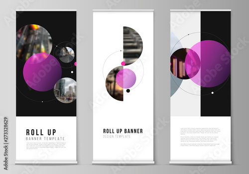 The vector layout of roll up banner stands, vertical flyers, flags design business templates. Simple design futuristic concept. Creative background with circles that form planets and stars.
