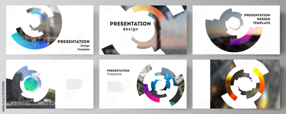 Minimalistic abstract vector illustration of editable layout of the presentation slides design business templates. Futuristic design circular pattern, circle elements forming geometric frame for photo