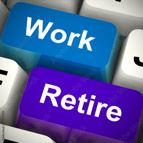 Work versus retire keys means carrying on working or getting a pension - 3d illustration photo